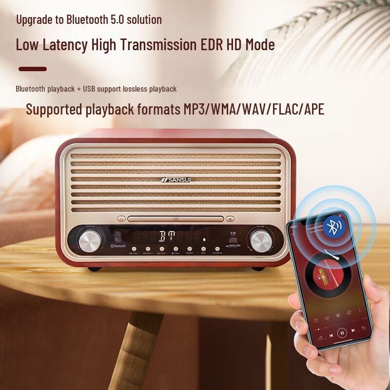 SANSUI M880 Wooden Wireless Bluetooth Speaker with CD Player & Radio CN Plug (adapter Included)