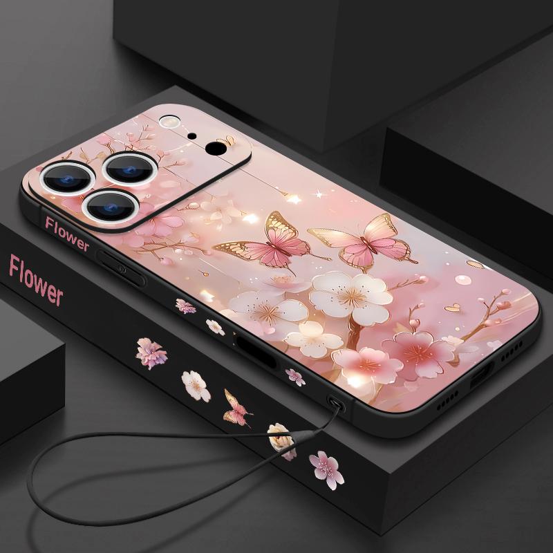 Dream Butterfly Floral Pattern Lanyard Case For iPhone 17 Pro Max Soft Silicone Cover For iPhone 16 Pro Max Funda iPhone 15 14 13 12 11 16E
