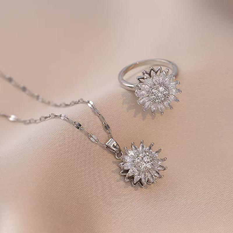 Sunflower Rhinestone Necklace & Rotatable Ring Set for Women