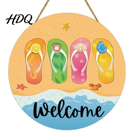 Ocean Theme Home Decoration Hello Summer Door Sign Ice Pop Flip Flop Welcome Hanger Party Farmhouse Hanging Wooden Wreath for Front Porch