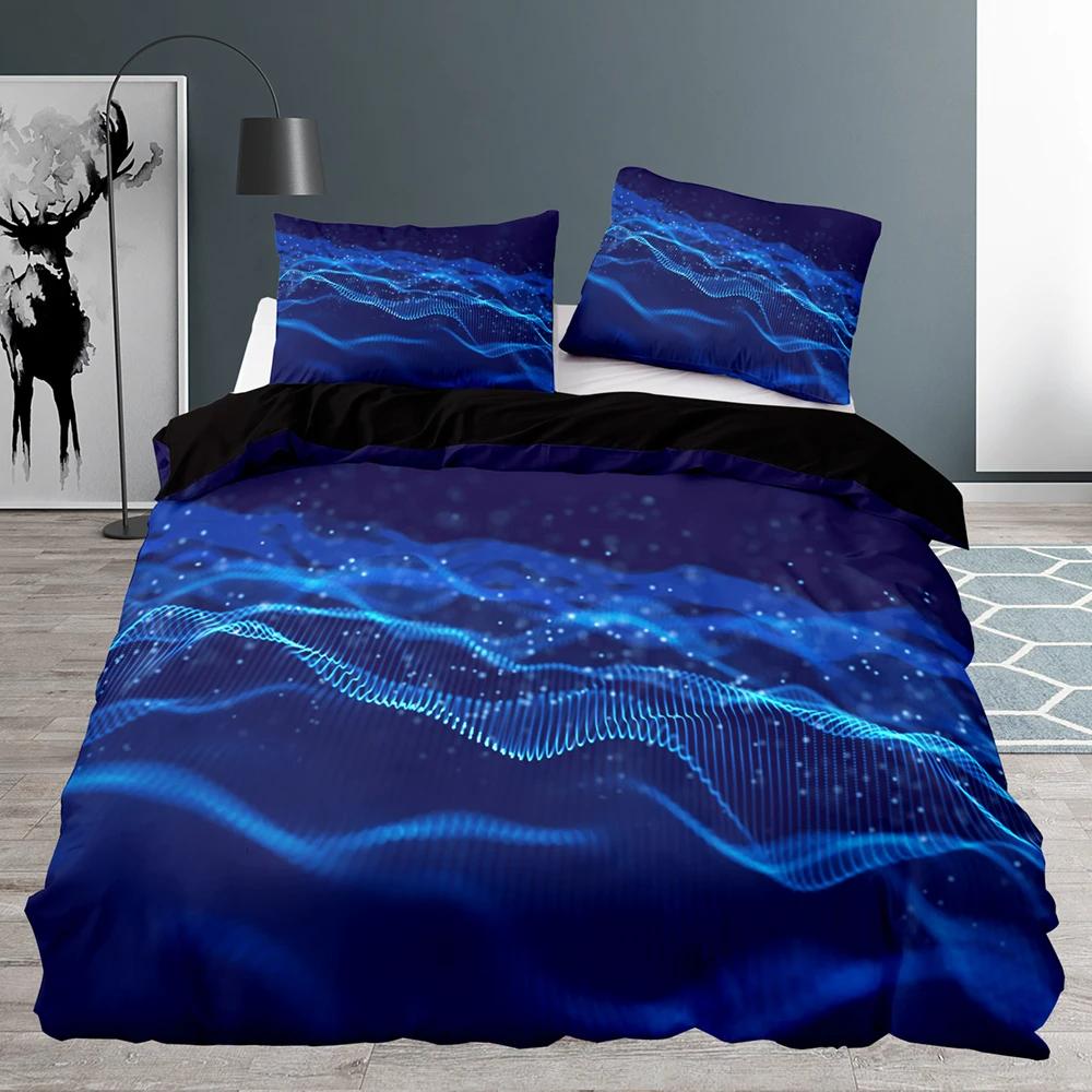 Svart påslakan Queen Size, Sovrum Abstrakt Blått Geometriskt Mönster Täcke 220x240 Med Örngott Sängkläder Set