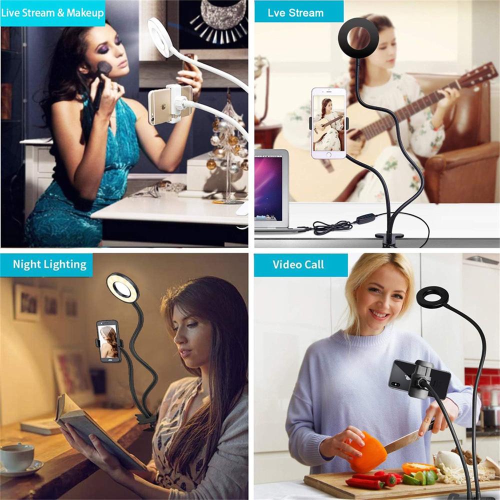 Universal Flexible Mobile Phone Holder with Selfie Ring Light Office Lazy Bracket Desk Lamp LED Light for Live Stream Fill light