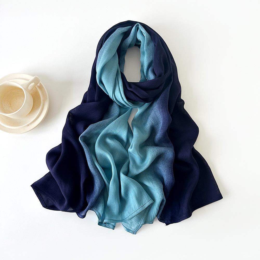 New Retro Cotton and Linen Scarf Rainbow Color Gradual Change Scarf Solid Color Silk Scarf Shawl Women's Versatile Pleated Silk Scarf