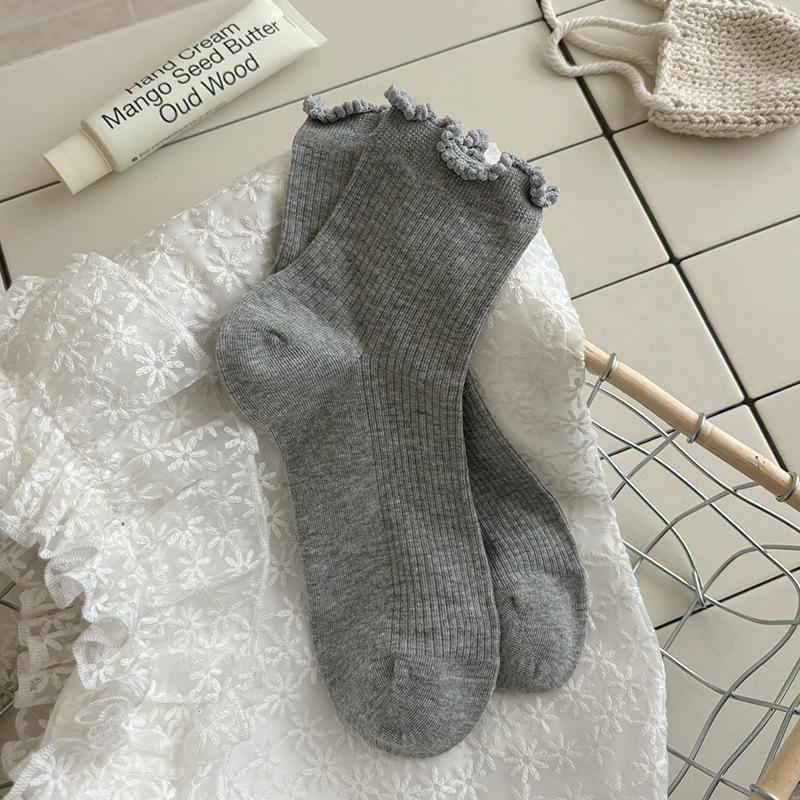 Black Ear-trimmed Socks for Women In Autumn, Solid Color Lace Mid-calf Pile Socks, Versatile Stretch Socks