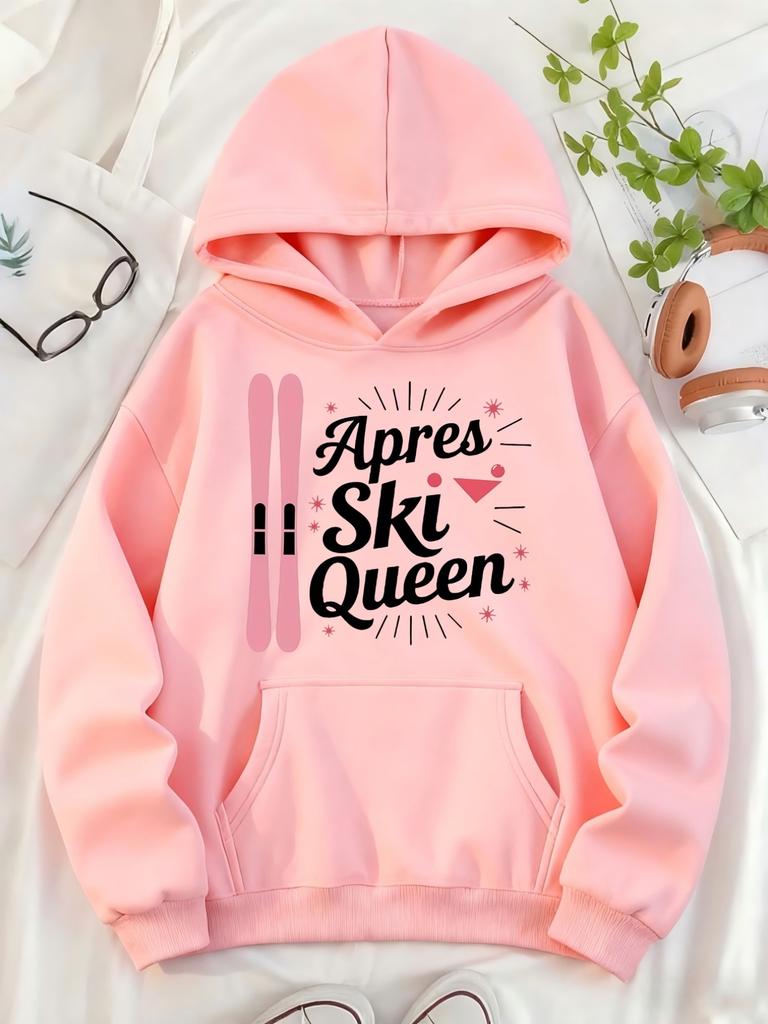 Women Snowboard "Apres Ski Queen" Print Fleece‑Lined Hoodie Warm Casual Sweatshirt With Pocket