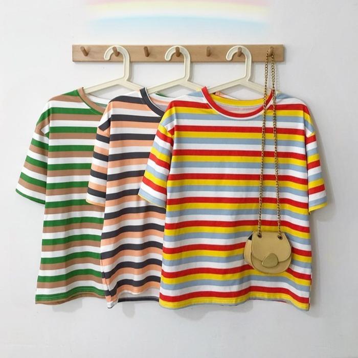 Summer Women's Colorful Stripes Casual Loose Short Sleeve Female T-shirt Y2k Tops Tees Women 90s T-shirts Harajuku Women T Shirt