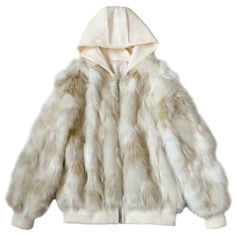 Women's Tricolor Fur Jacket Winter Zipper Fox Hair Loose Top Hooded Threaded Plush Jacket