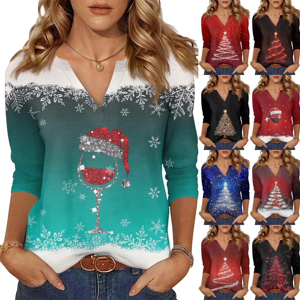 Women's Casual Fashionable Sexy Comfortable V-Neck Christmas Three-Quarter Sleeve Top