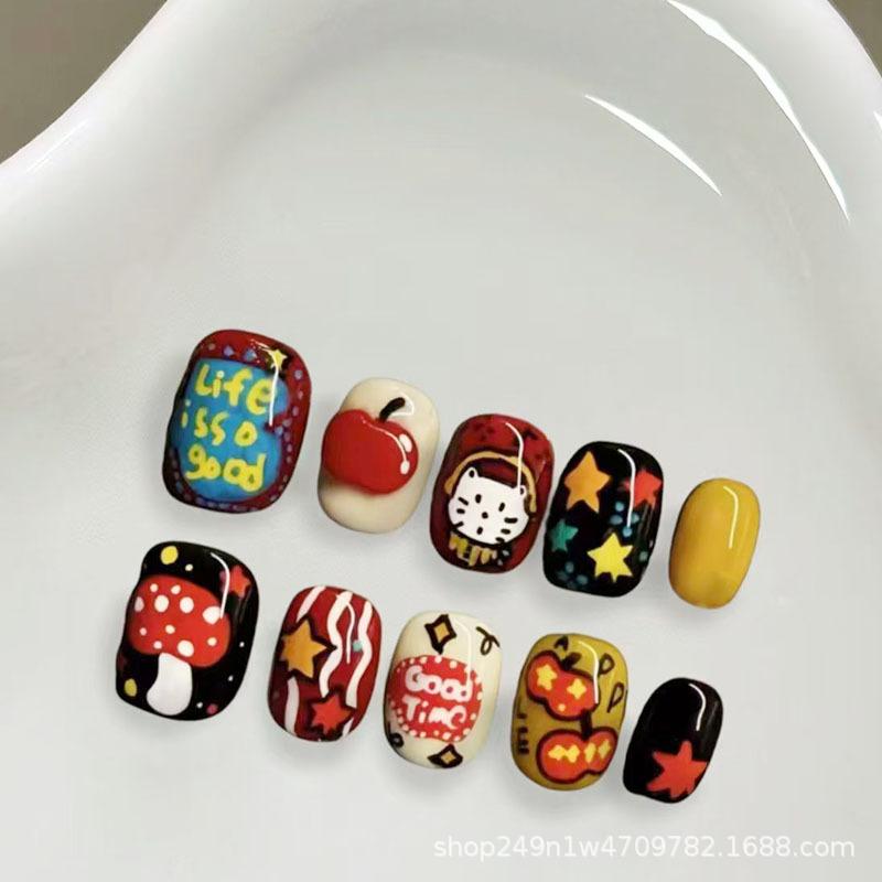 30Pcs Cute Cartoon Short Bean Shaped Press On Nails Autumn Winter Niche Design Fake Nails Gift For Girls And Friends