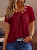 Women New O Neck Button Decoration Pleated T-Shirt Summer Solid Color Short Sleeve Tops Female Comfortable Casual Commuter Tees