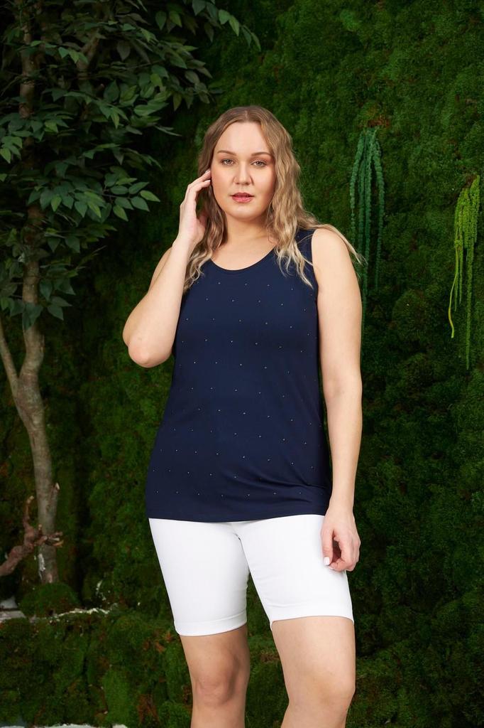 Women's Style Big Size T-Shirt Plus Size Green Undershirt With Pearl Stone Detail