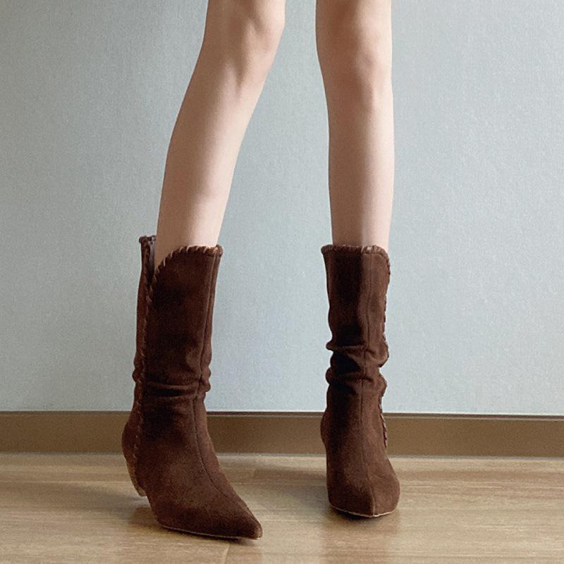 Suding Home~ Niche Pointed Head Retro Woven V-mouth Thin Cowboy Boots Thick Heel Pleated Medium Tube One Pedal Stacking Boots