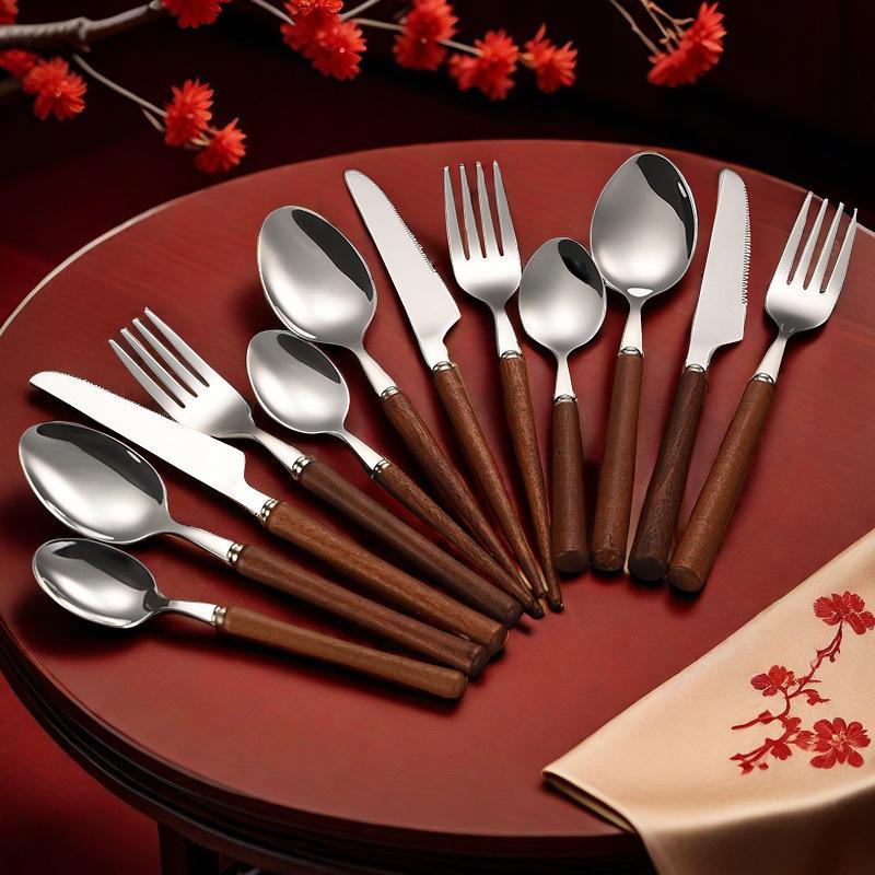 4-Piece High-End Stainless Steel Cutlery Set with Wooden Handles: Includes Knife, Fork, Spoon, and Teaspoon for Western Cuisine.
