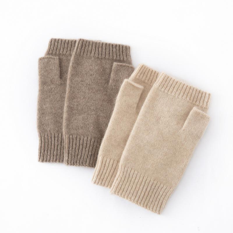 Women's 100% Pure Cashmere Half-Finger Knit Gloves - Warm & Simple Solid Color Design