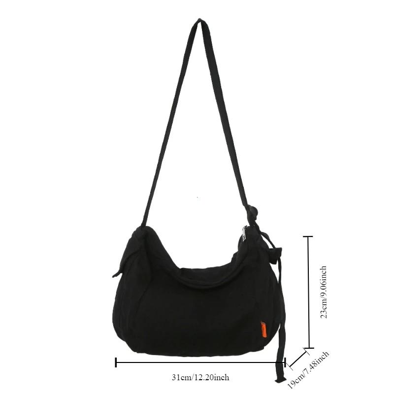 Female Canvas Fabric Hobo Soft Slouchy Shoulder Bag Y2K Student Leisure Medium Size School Book Laptop Pouch Messenger Side Bag