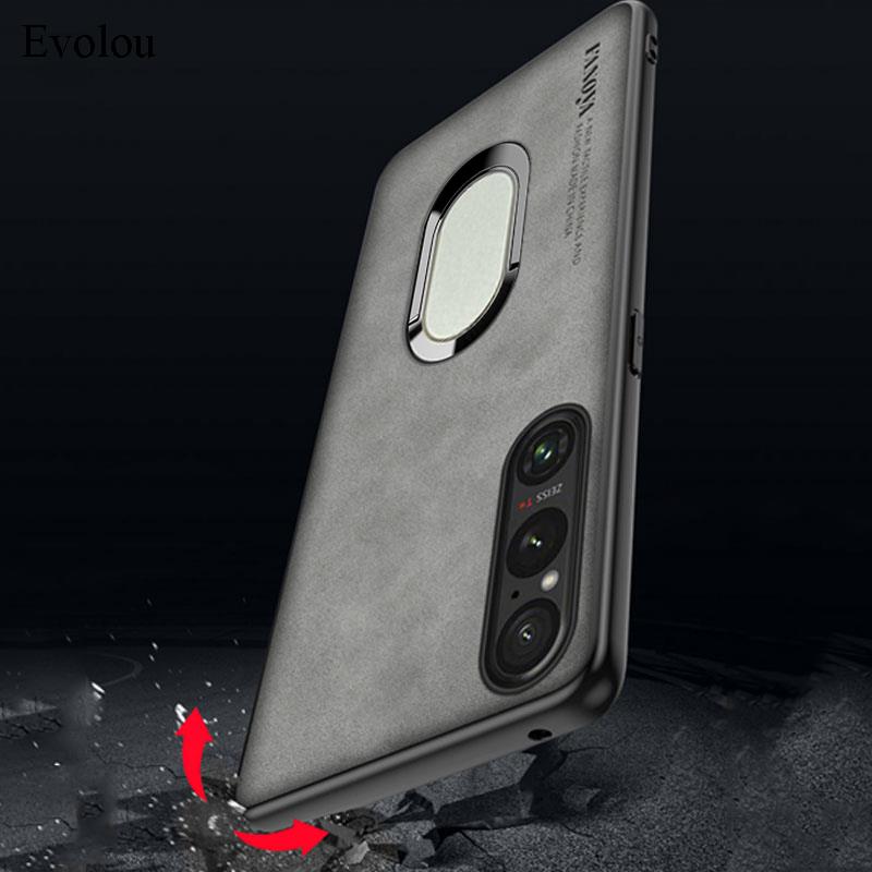 Para Sony Xperia 1 V 10 V Funda de Teléfono de Cuero de Oveja con Soporte de Anillo Magnético Para Xperia 1 V 10 V Cubierta Trasera con Protección de Lente
