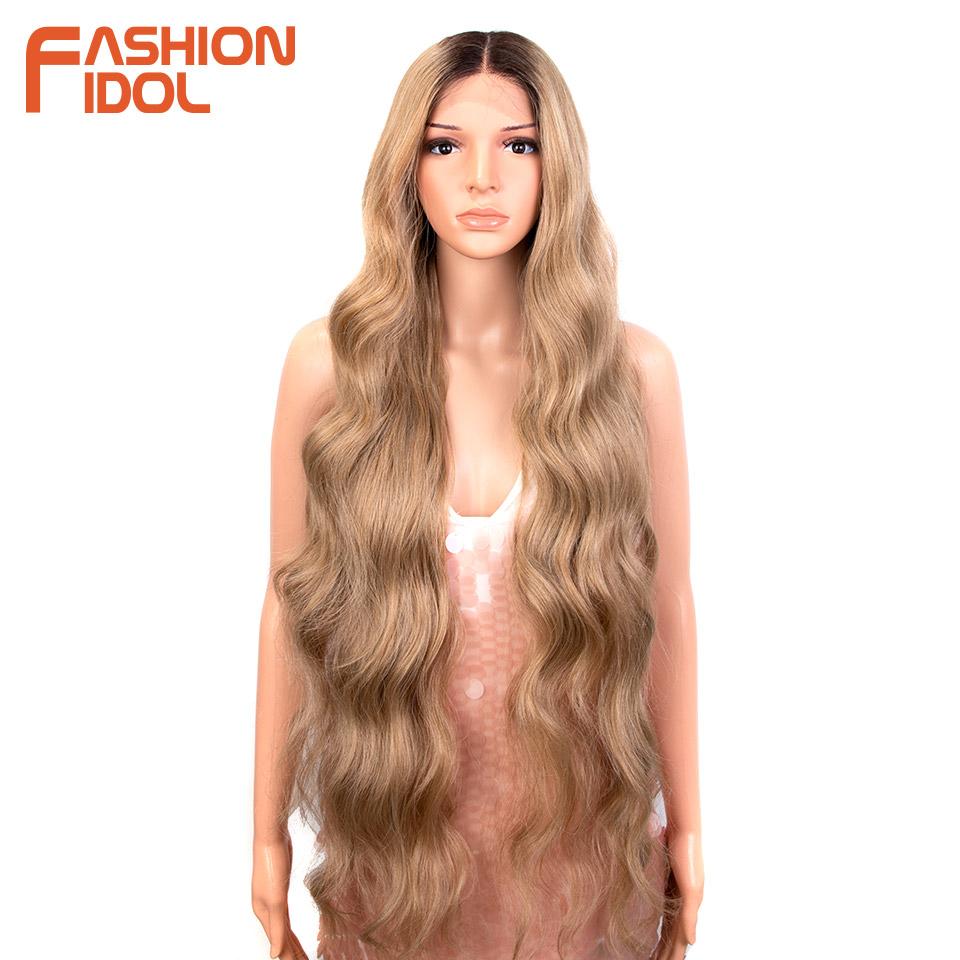FASHION IDOL 36inch/90cm Loose Body Wavy Wigs Synthetic Lace Wigs For Black Women Ombre Blonde Cosplay Wigs Heat Resistant Fiber