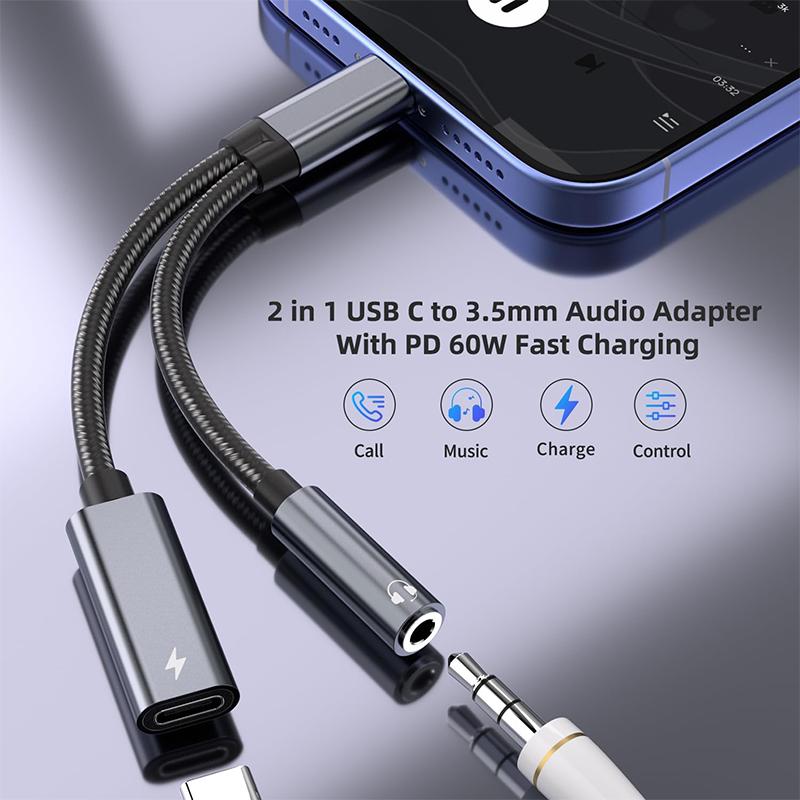 2 In 1 Type C Audio Adapter PD 60W Fast Charging USB C To 3.5mm Jack Adapter for 15/16 Samsung Huawei