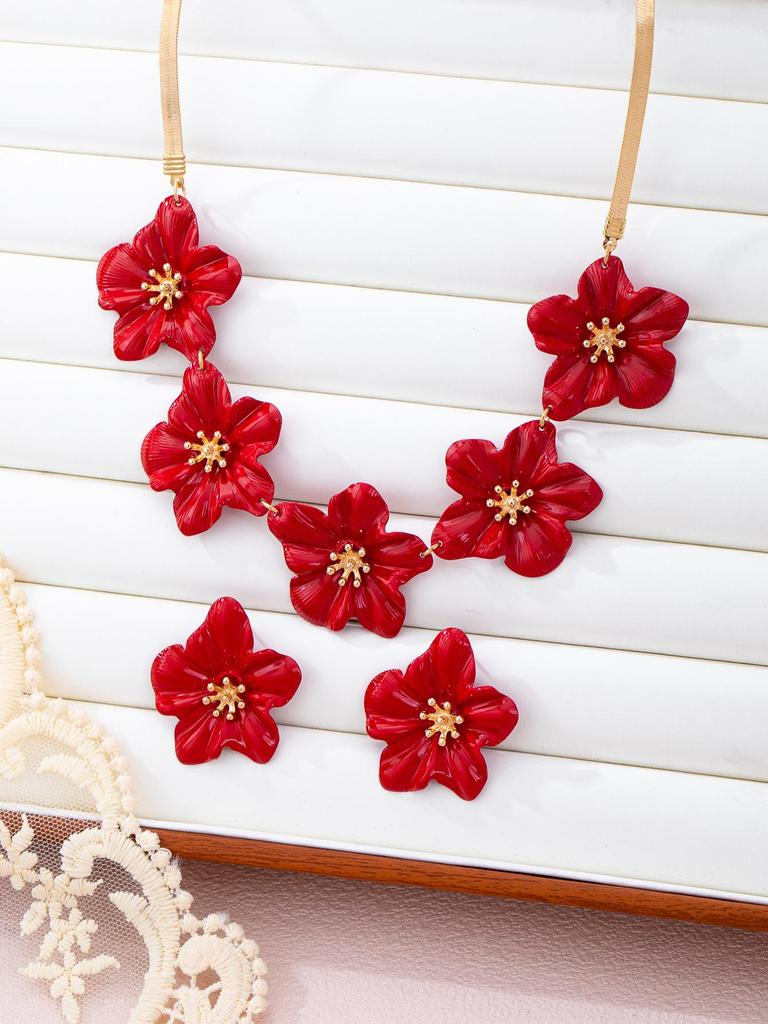 Exquisite Double Flower Necklace & Three-Dimensional Floral Earrings Set