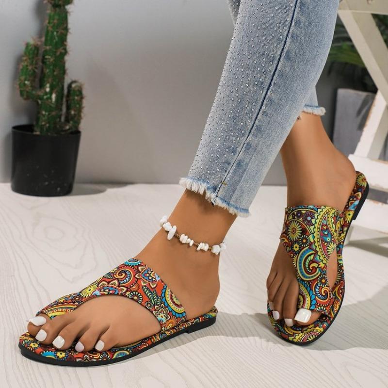 Women Boho Flat Sandals Fashion Summer Flip Flops Colorful Pattern Casual Open Toe Beach Shoes