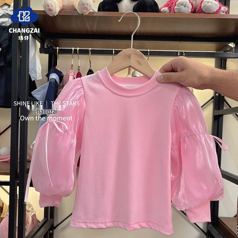 New Girls' Puff Sleeve Long-Sleeve Top - Stylish Korean Cotton T-Shirt for Kids