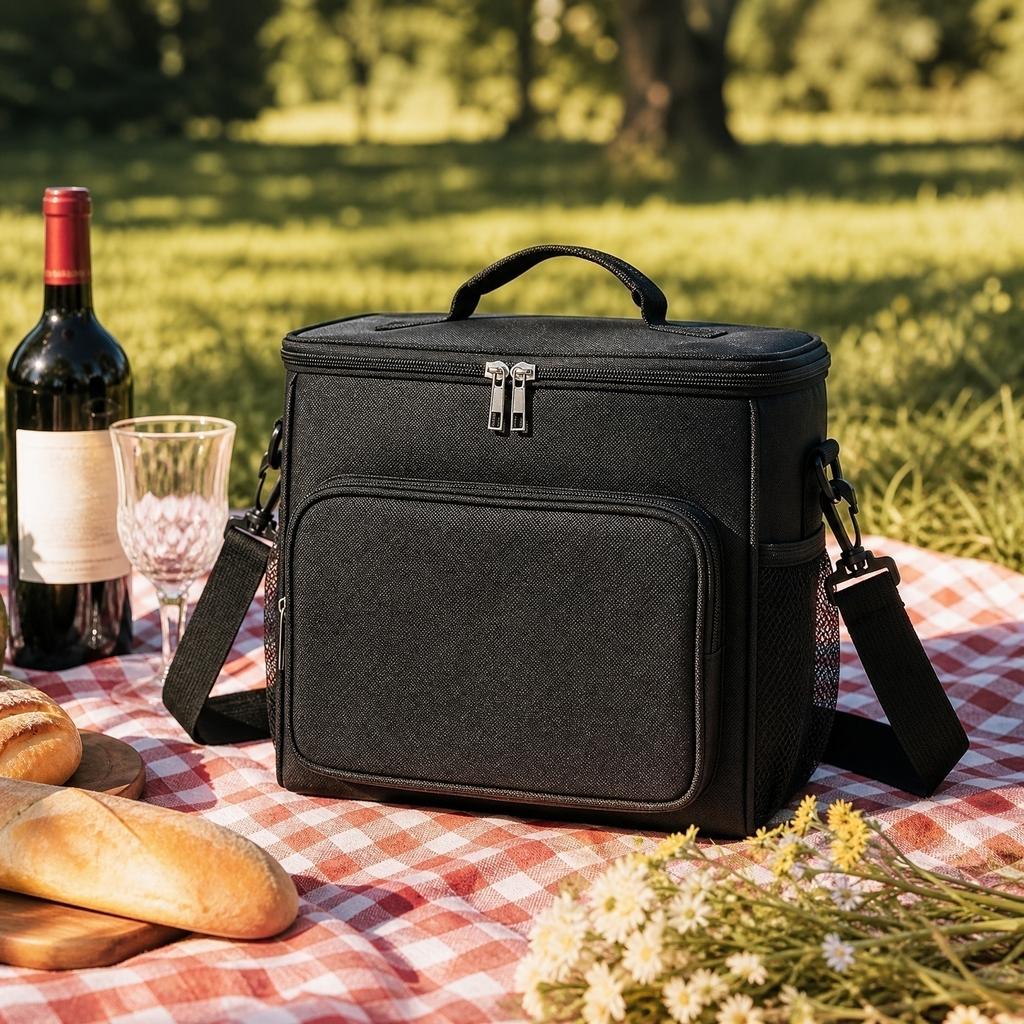 Portable Picnic Cooler Bag with Two-Layer Aluminum Foil Insulation Oxford Cloth Material Adjustable Shoulder Strap and Front Zipper Pocket