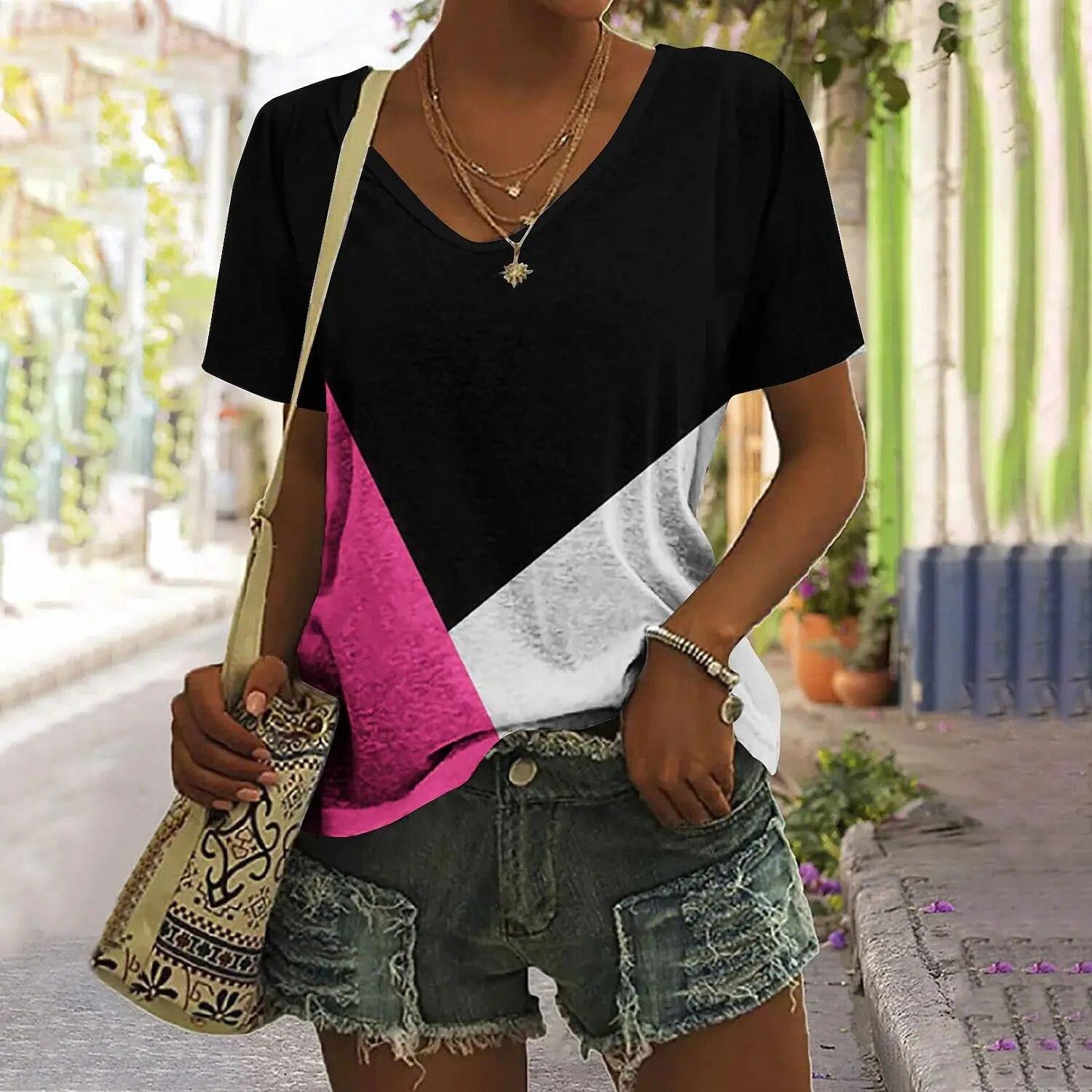 

Винтажная лоскутная женская футболка, топы с клетчатым принтом, женская одежда, пуловер в стиле Харадзюку с v-образным вырезом, летние футболки большого размера с короткими рукавами 6XL