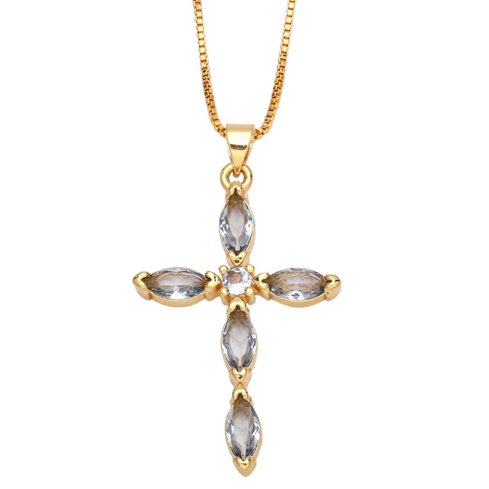 FLOLA Simple Pink Crystal Cross Necklaces for Women Gold Plated Box Chain Amulet Necklaces Christian Jewelry nkeb194