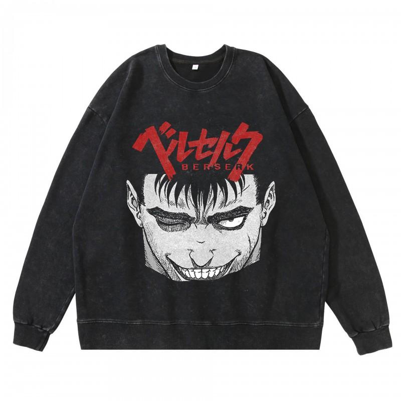 Heavyweight 360g Washed Vintage Berserk Anime Streetwear Cotton Pullover Hoodie-Free Crewneck Sweatshirt Men