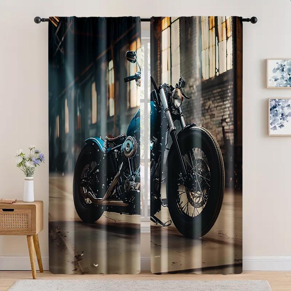 2pc,  Party Window Curtains Garage Motorcycle Vintage Retro Motorcycle Light Filter Festive Backdrops Suitable for Translucent