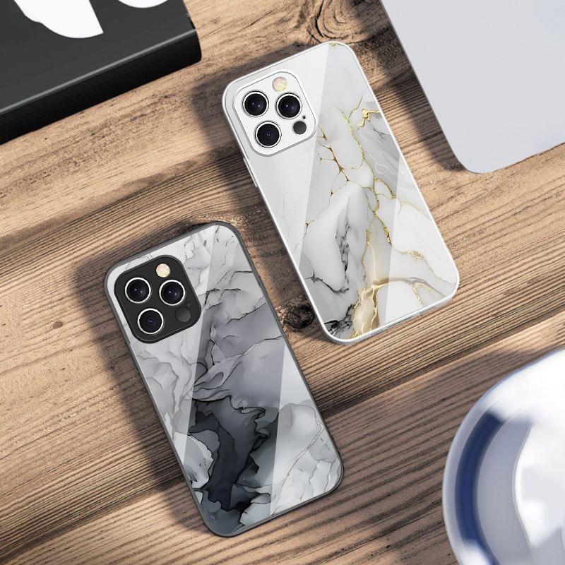 Pink Marble Pattern Black For IPhone 16 Pro Max 15 Pro 14 13 12 Mini 11 XS M Ax XR 7 8 Plu SE 2022 Tempered Glass Phone Case