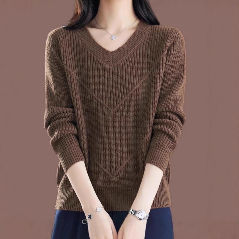 Autumn Winter V-neck Loose Casual Simple Fashion Pullover Sweater Women Solid Color All-match Knitting Top