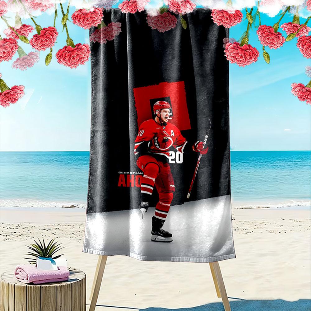 "Hockey Player in Red Jersey Action" Patterned beach towel quick dry perfect for travel outdoor sports jogging the beach and swimming