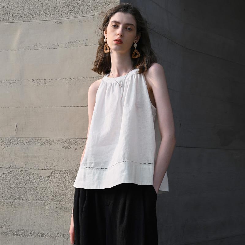 Women Pure Linen Halter Neck Sleeveless Top, French Style Round Neck A-line Summer Casual Breathable Tank