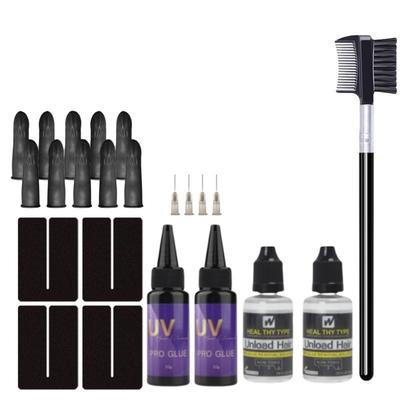 Kit de extensii de păr UV - Include 2 x 30 g adeziv UV pentru păr, 2 x 30 ml dispozitiv de îndepărtare a adezivului, 4 x protecție anti-UV și accesorii de schimb pentru pieptene