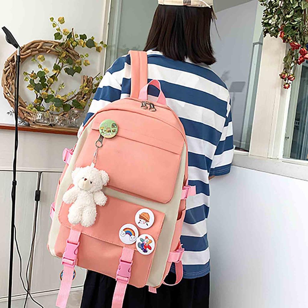 5Pcs School Bags Set Large Capacity Shoulder Bag Stationery Bag Coin Purse Canvas Student Bags Set for Boys Girls Pink