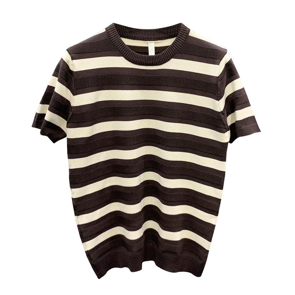 Erkek Siyah Beyaz Çizgili Buz İpek Kısa Kollu Tişört