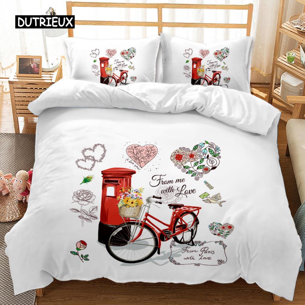 British Style Duvet Cover Set Cartoon Small Fresh I Love Paris Bedding Set for Kid Teen Polyester Paris Street Scene Quilt Cover
