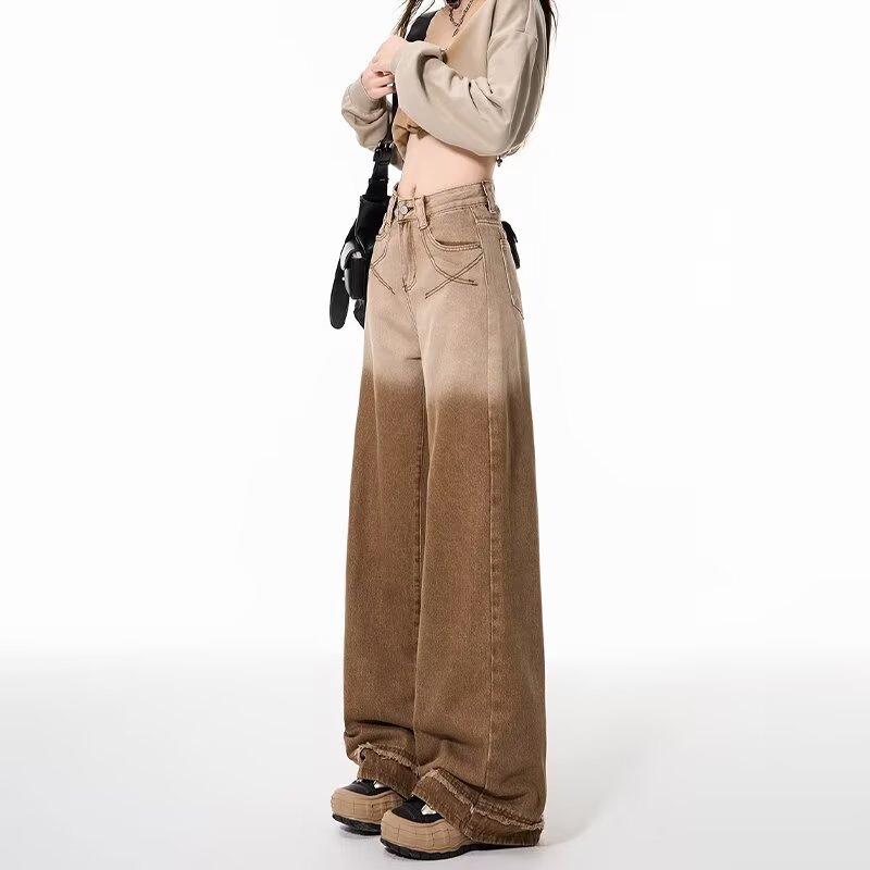 Women's Gradient Brown High-Waisted Wide-Leg Jeans - Spring/Autumn 2024, Loose Slimming Straight-Leg Floor-Length Trousers