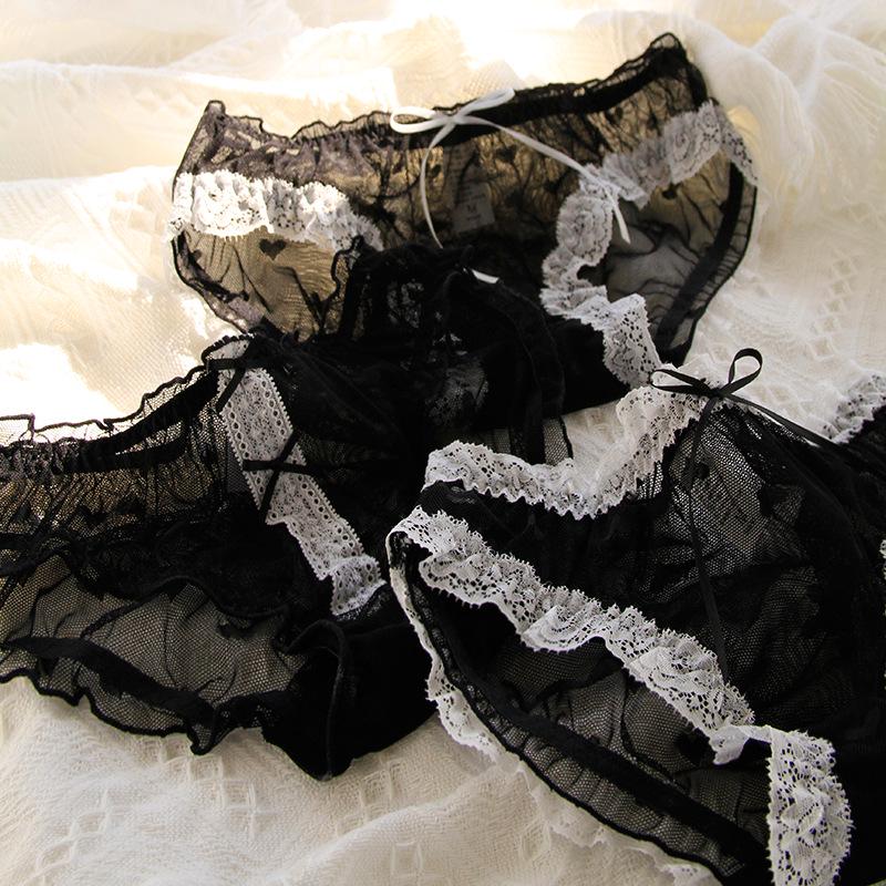 Black Women's Lace Mid-Waist Bow Mesh Panties - 620 Series