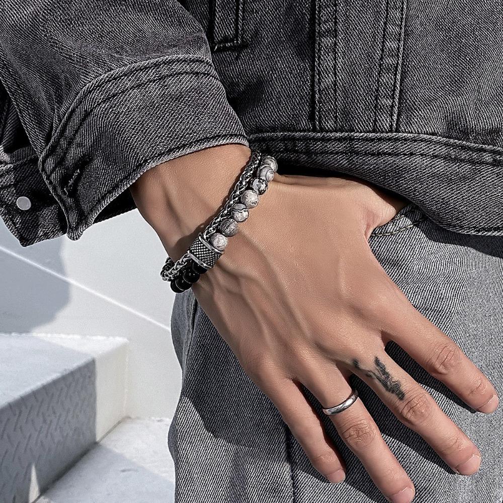 Mens Matte Stone Beaded Bracelet Double Layer Titanium Steel Unisex Fashion Wristband Durable Stylish Accessory