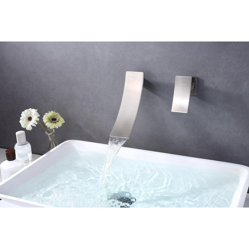 Wall Mount Faucet Brushed Nickel,Single Handle Bathroom Sink Faucet with Waterfall Spout