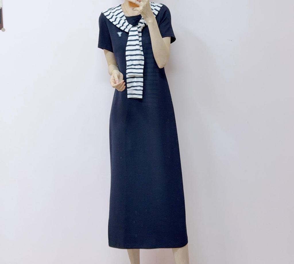 Spring/Summer 2026 Striped Casual T-Shirt Dress with Elegant Shawl