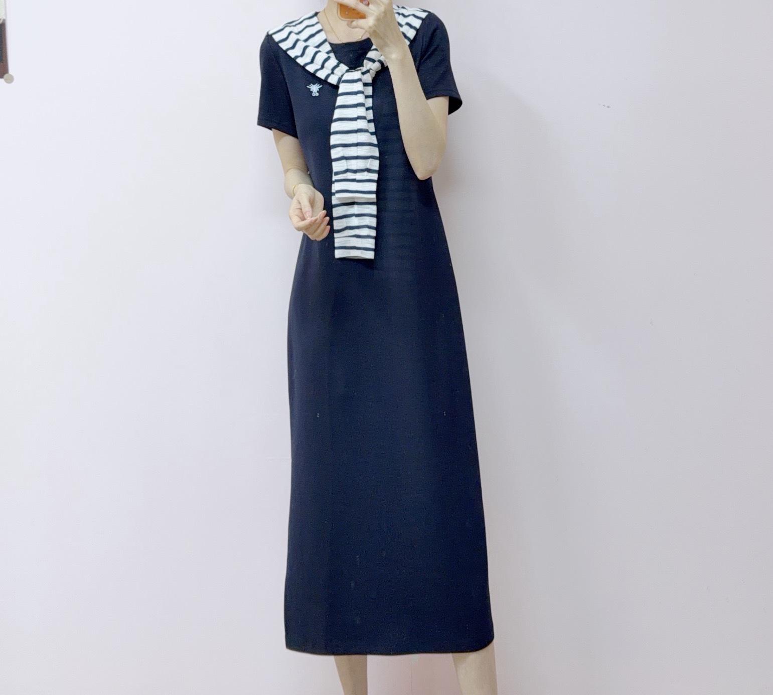 Spring/Summer 2026 Striped Casual T-Shirt Dress with Elegant Shawl XL (59-64 kg) темно-синий