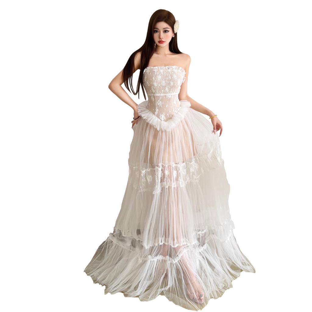 2026 European and American New Water Gloss Yarn Lace Jacquard Splicing Long Neck Yarn Dress Printed Fairy Skirt