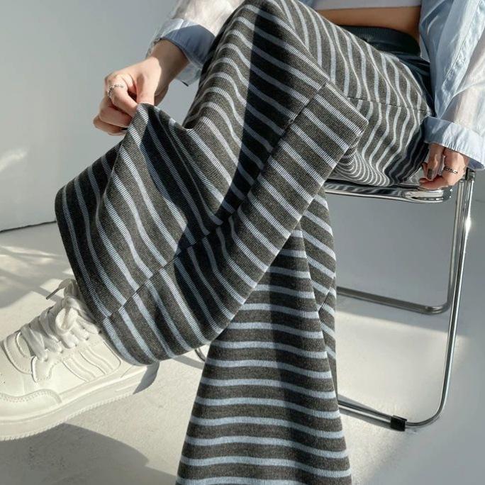 Retro Ice Silk Striped Wide-leg Pants for Women In Spring and Summer New High-waist Drawstring Loose Straight Pants Knitted Casual Pants
