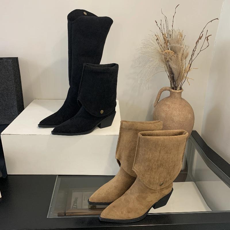 Fashion Retro Style Fold Button Women Knee-High Boots Fashion Pointed Toe Square Heels Casual Ladies Shoes Zapatos De Mujer