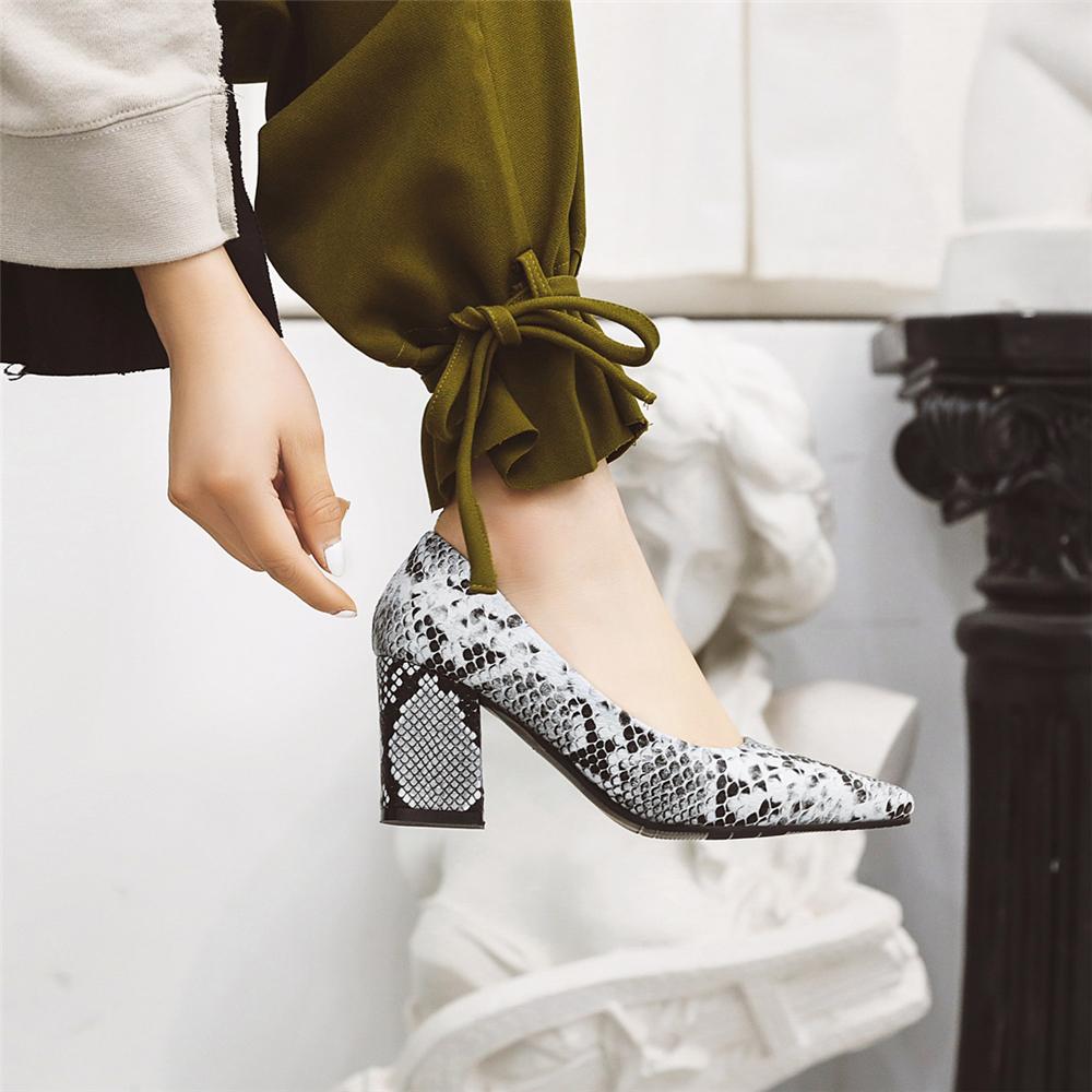 Fashion 2025 Spring Shoes Woman Pumps 7CM Snake Print High Heels Pointed Toe Split Leather Beige White Red Blue Shoes Square Heels Women