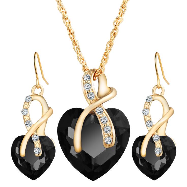 Ensemble Collier et Boucles d'Oreilles de Mariée Européen-Américain en Cristal Zircon en Forme de Cœur