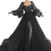 Women's V Neck Long Sleeve A Line Dress Slim Fit High Rise Tulle High Slit Maxi Wedding Evening Gown
